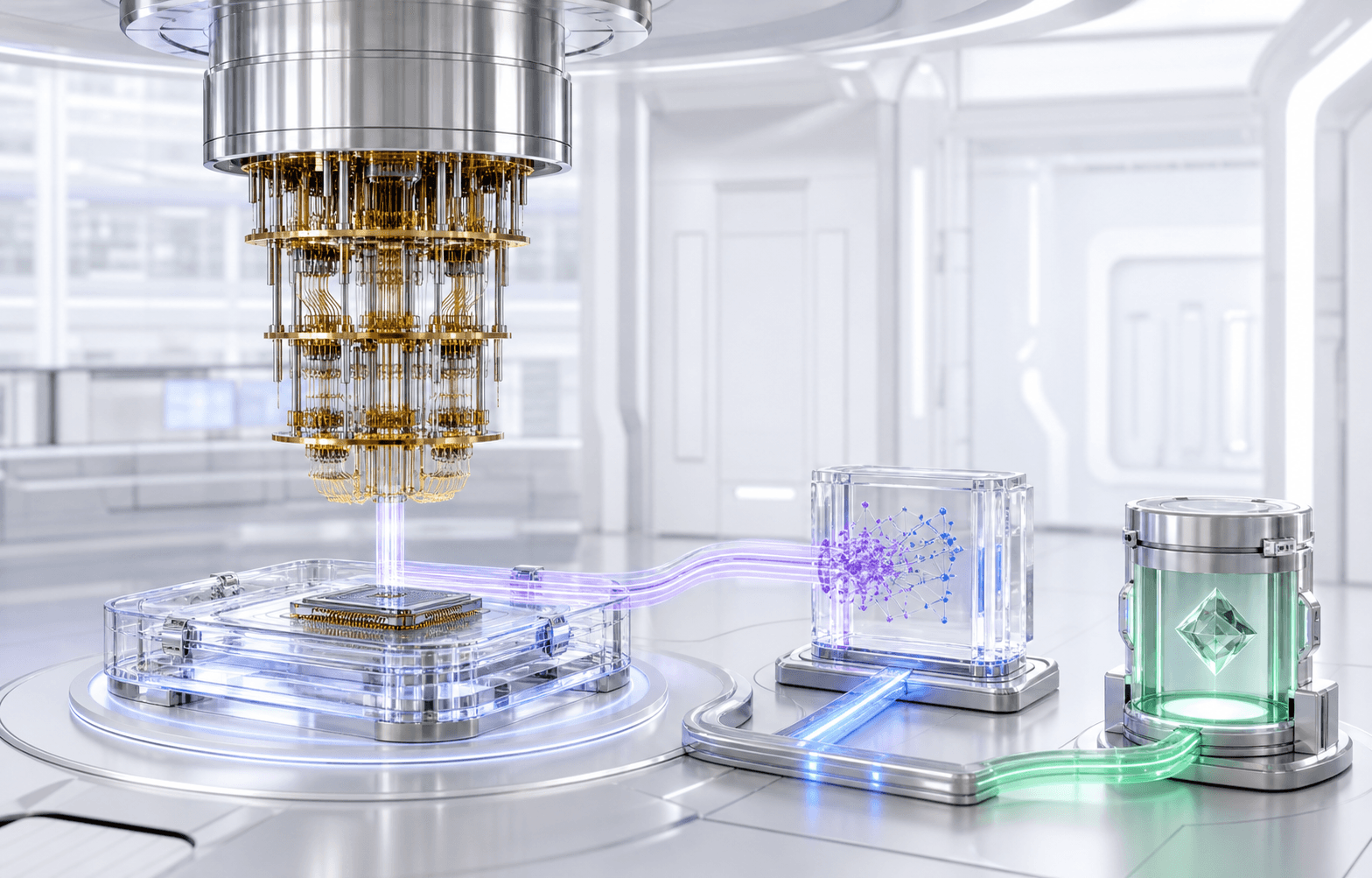 A quantum pilot testbed connecting a cryogenic processor, routing module, and evidence output